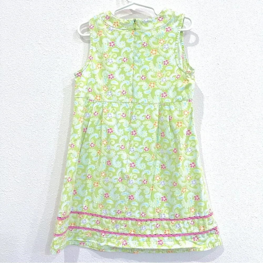 Gymboree Green Pink Floral Paisley Sleeveless Rick Rack Trim Dress - Size 7